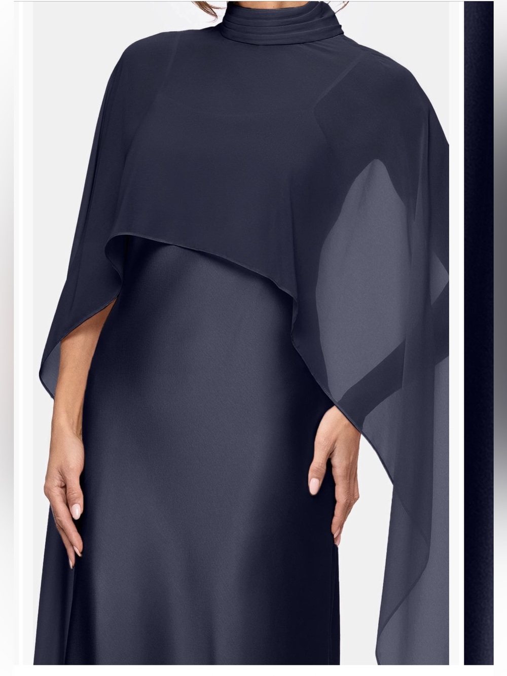 Xscape Evenings Laura Satin Gown Chiffon Overlay Sheer Shawl in Navy Blue 7521X - Picture 4 of 13